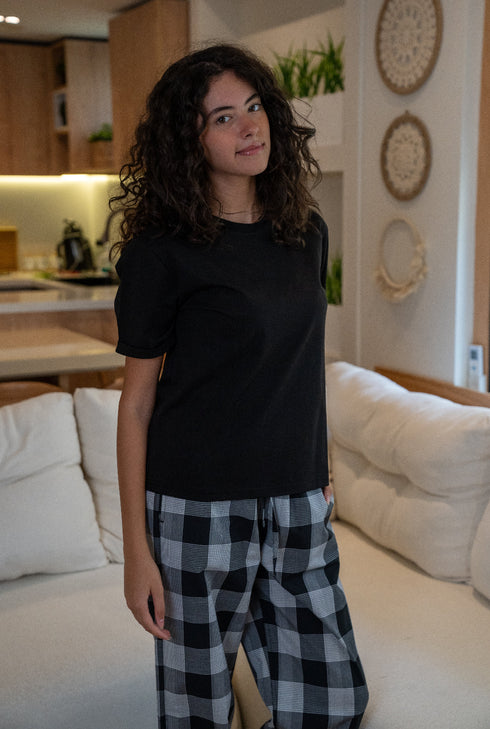 Women summer pajama set Black T-shirt + Black X White Glen Plaid Pants